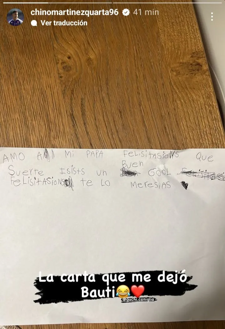 Carta hijo Bautista Lucas Martínez Quarta