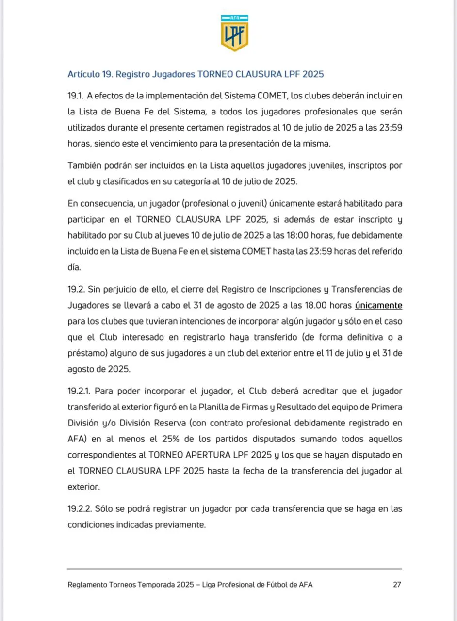 Artículo 19 mercado pases Liga Profesional Torneo Clausura Artículo 19 mercado pases Liga Profesional Torneo Clausura