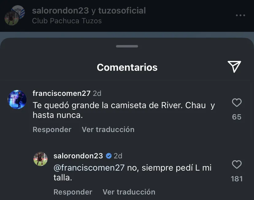 Comentario Salomón Rondón hincha River Instagram 