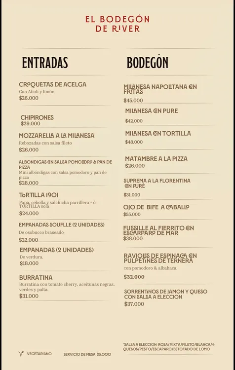 Carta menú Bodegón River Monumental 