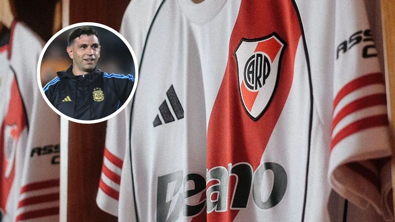 Dibu Martínez reacción nueva camiseta River (Fotos originales: River Plate y Selección Argentina)