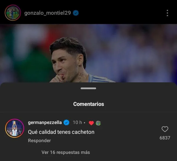 El comentario de Pezzella para Montiel (Fuente: @gonzalo_montiel29)