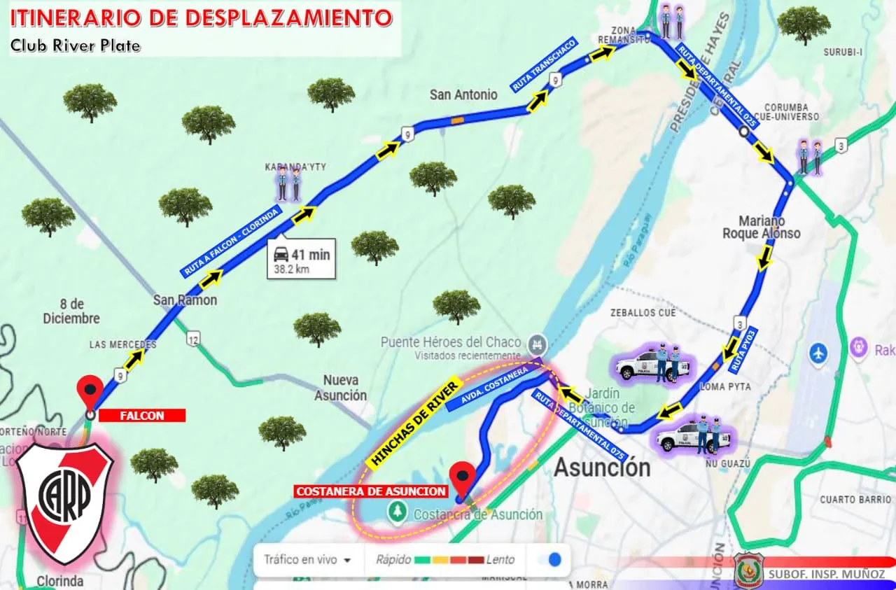 Mapa ruta hinchas River cruce Asunción Paraguay