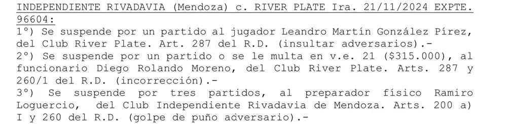 Multas sanciones River Independiente Rivadavia