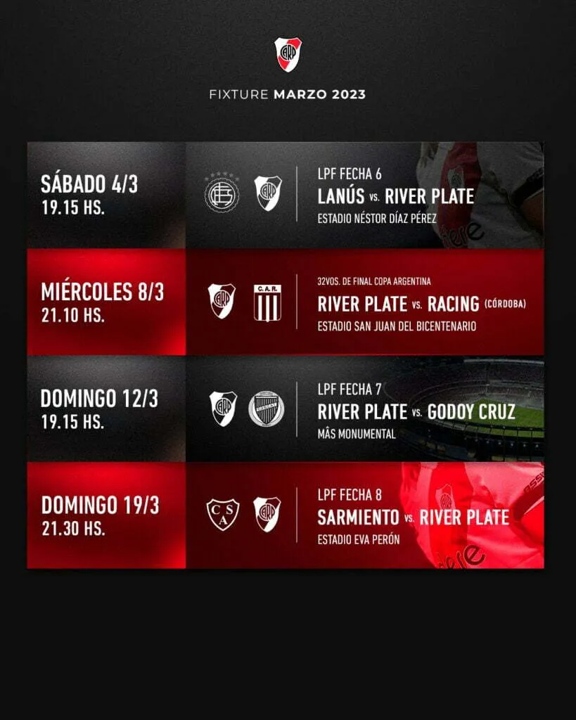 River hoy: el calendario de marzo, la terna arbitral vs Lanús y más