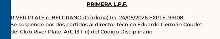 Sanción Coudet suspensión Liga AFA River