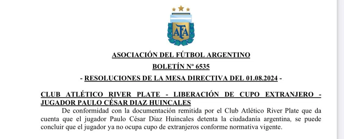 Resolución AFA Paulo Díaz ciudadanía argentina cupo extranjeros Resolución AFA Paulo Díaz ciudadanía argentina cupo extranjeros